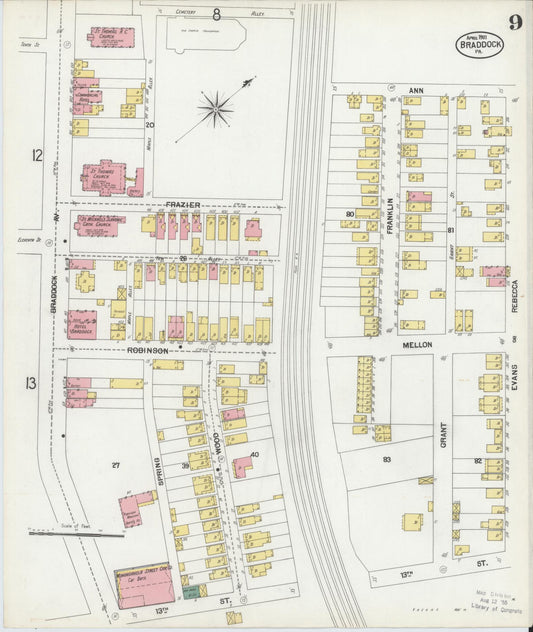 Sanborn Fire Insurance Map from Braddock, Allegheny County, Pennsylvania (1901), Sheet #0009 - Historic Sanborn Fire Insurance Map Print, vintage old map wall art, antique decor, genealogy gift, Pennsylvania Pennsylvania map