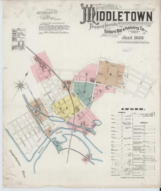 Sanborn Fire Insurance Map from Middletown, Dauphin County, Pennsylvania (1888), Sheet #0001 - Historic Sanborn Fire Insurance Map Print, vintage old map wall art, antique decor, genealogy gift, Pennsylvania Pennsylvania map