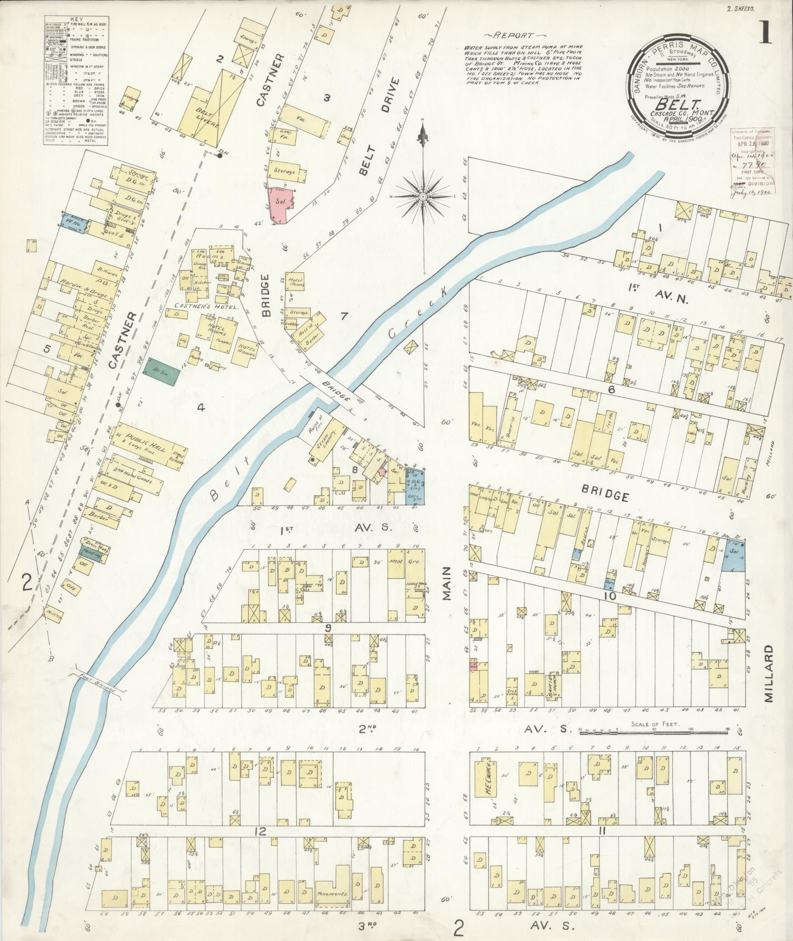 Sanborn Fire Insurance Map from Belt, Cascade County, Montana (1900), Sheet #0001 - Historic Sanborn Fire Insurance Map Print, vintage old map wall art, antique decor, genealogy gift, Montana Montana map