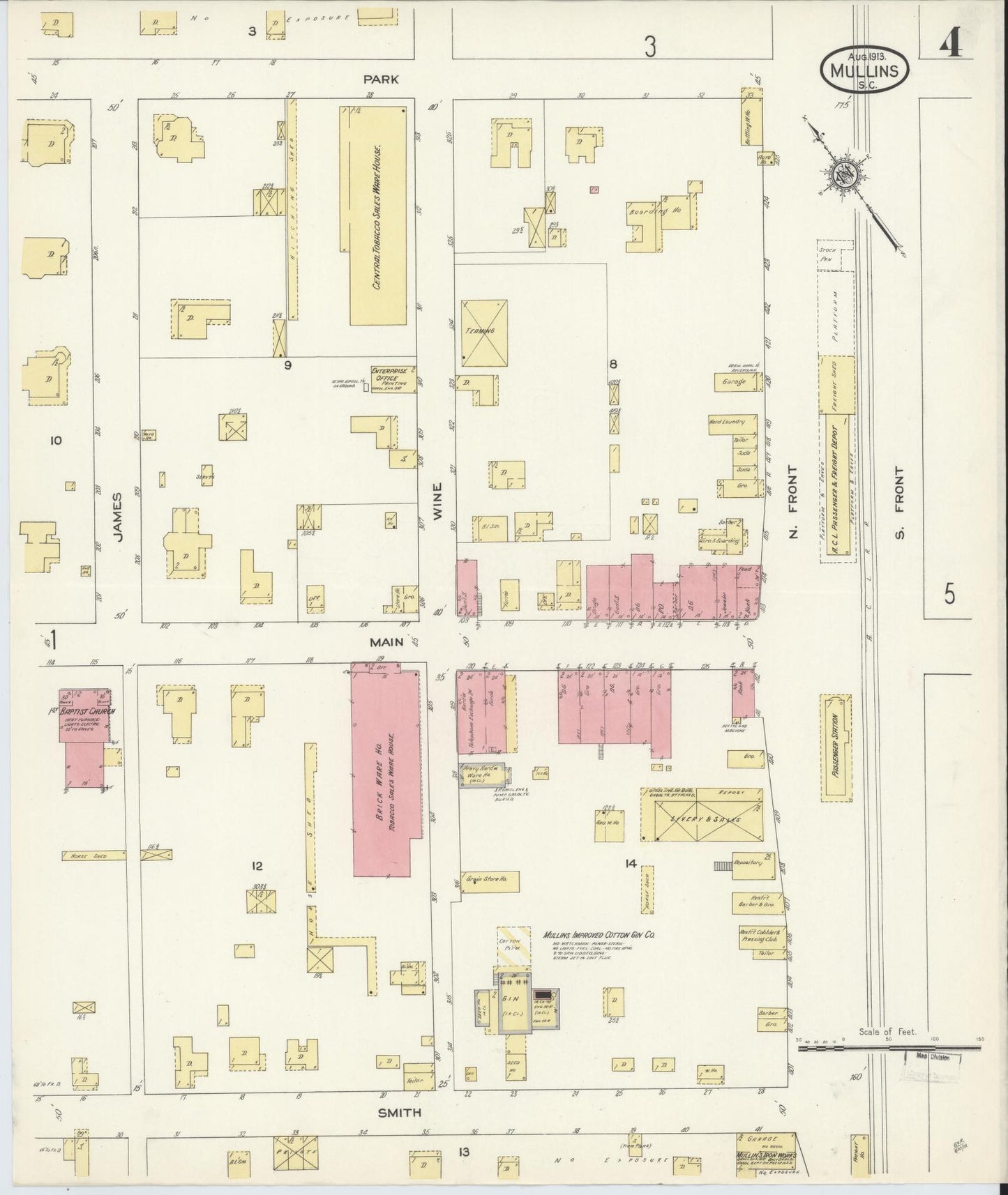 Sanborn Fire Insurance Map from Mullins, Marion County, South Carolina (1913), Sheet #0004 - Historic Sanborn Fire Insurance Map Print, vintage old map wall art, antique decor, genealogy gift, South Carolina South Carolina map