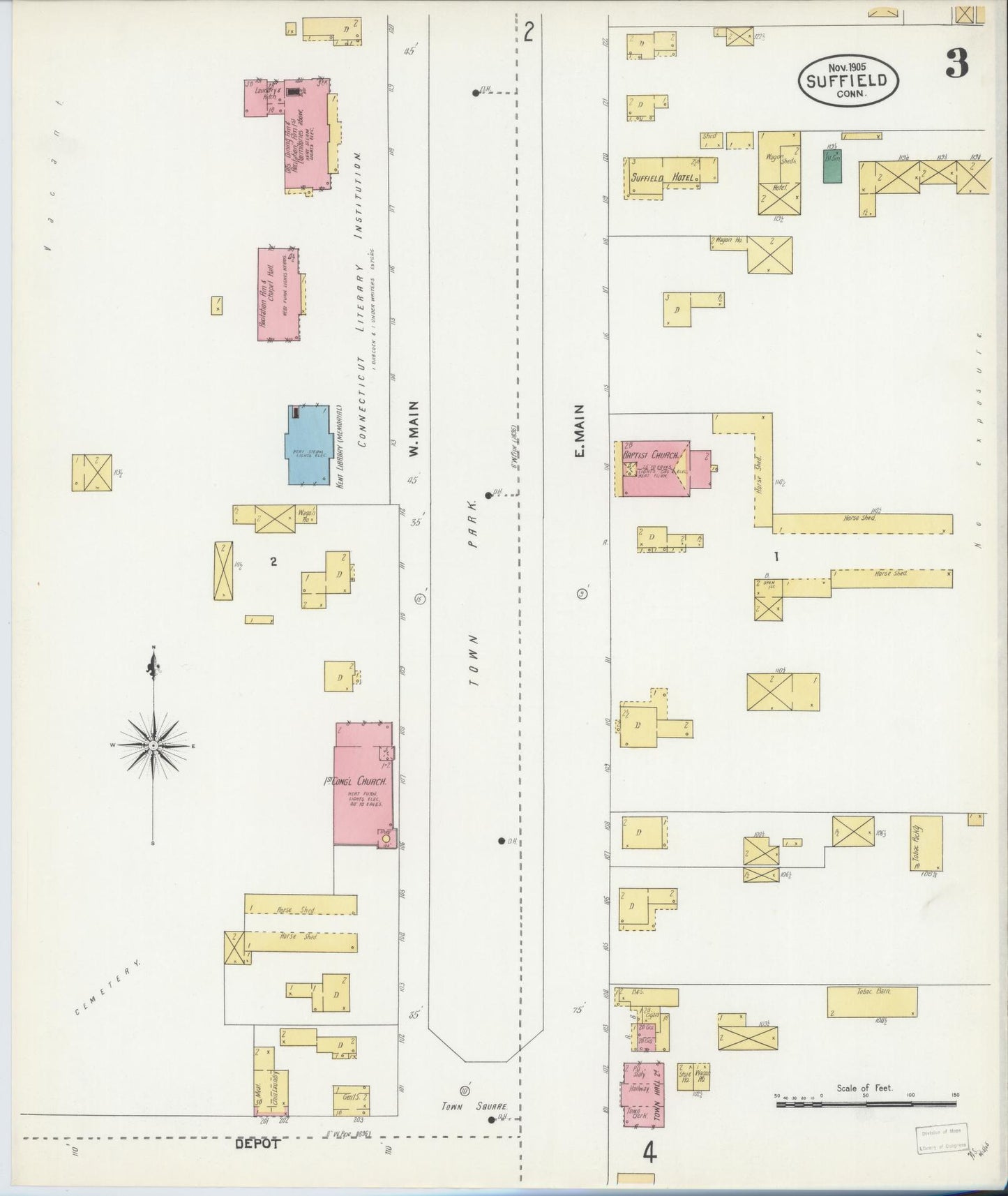 Sanborn Fire Insurance Map from Suffield, Hartford County, Connecticut (1905), Sheet #0003 - Complete Map Set gallery image, historic Sanborn map, vintage wall art, Connecticut Connecticut