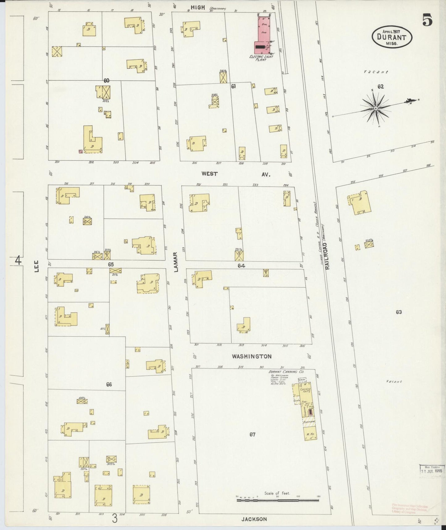 Sanborn Fire Insurance Map from Durant, Holmes County, Mississippi (1907), Sheet #0005 - Complete Map Set gallery image, historic Sanborn map, vintage wall art, Mississippi Mississippi