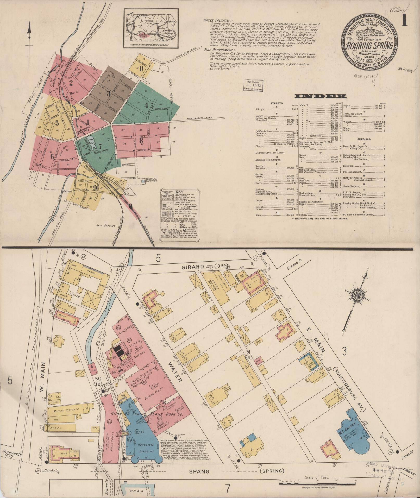 Sanborn Fire Insurance Map from Roaring Spring, Blair County, Pennsylvania (1922), Sheet #0001 - Complete Map Set gallery image, historic Sanborn map, vintage wall art, Pennsylvania Pennsylvania