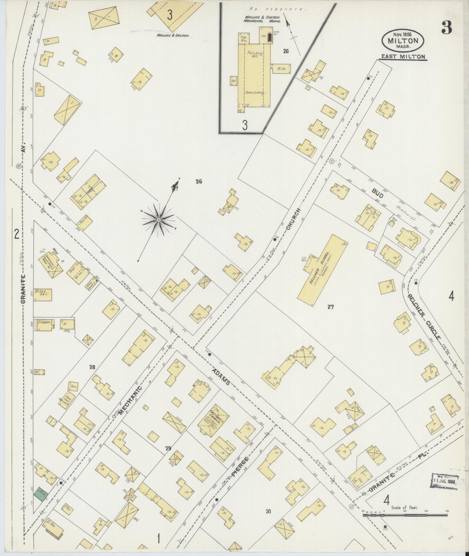 Sanborn Fire Insurance Map from Milton, Norfolk County, Massachusetts (1906), Sheet #0003 - Historic Sanborn Fire Insurance Map Print, vintage old map wall art, antique decor, genealogy gift, Massachusetts Massachusetts map
