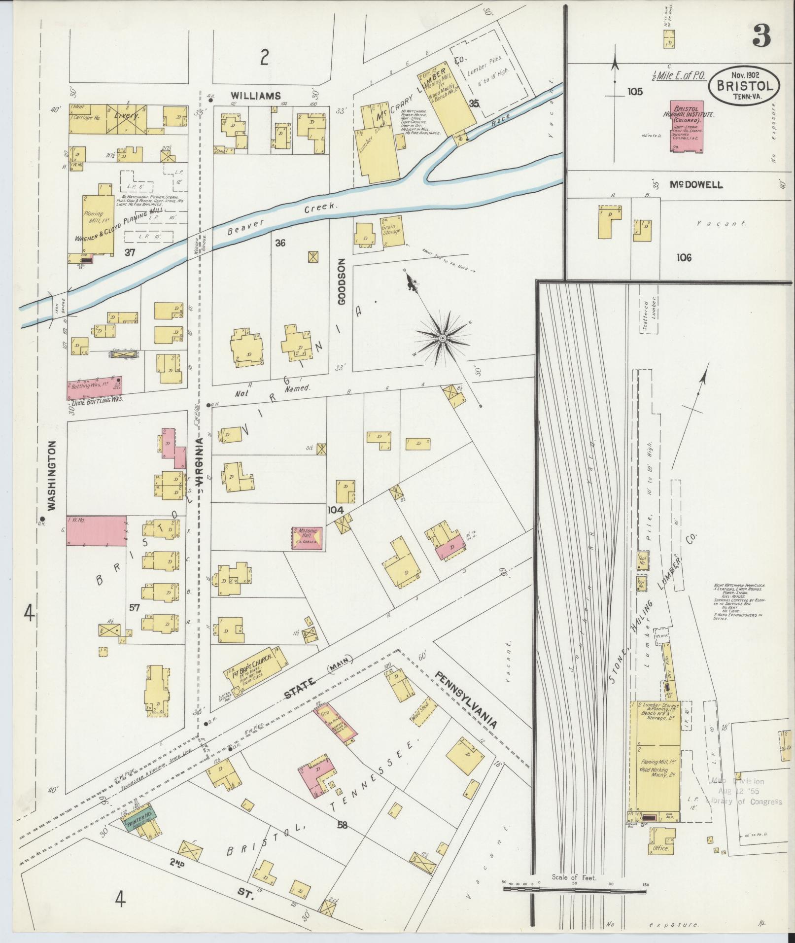 Sanborn Fire Insurance Map from Bristol, Sullivan County, Tennessee (1902), Sheet #0003 - Historic Sanborn Fire Insurance Map Print, vintage old map wall art, antique decor, genealogy gift, Tennessee Tennessee map