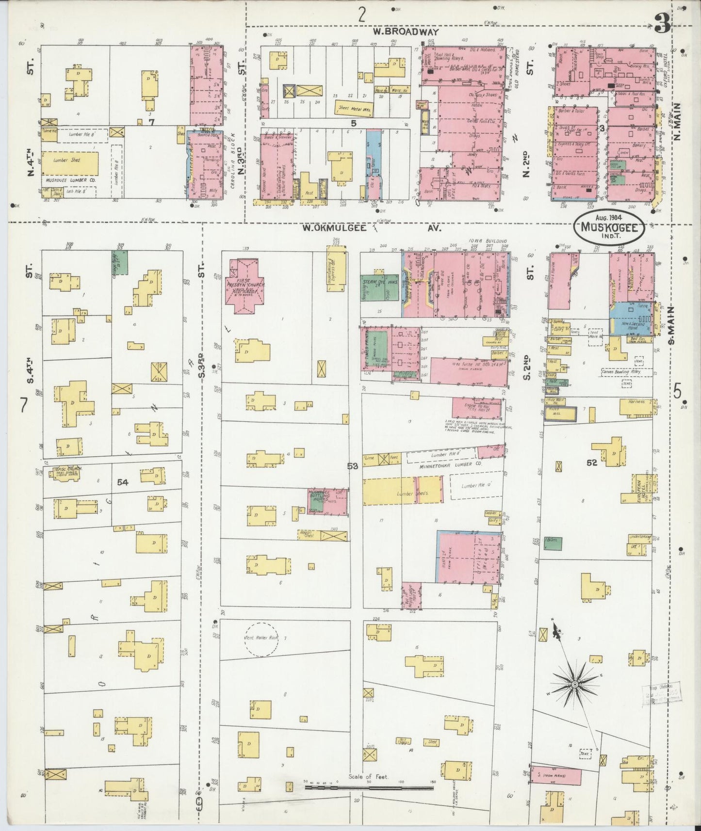 Sanborn Fire Insurance Map from Muskogee, Muskogee County, Oklahoma (1904), Sheet #0003 - Complete Map Set gallery image, historic Sanborn map, vintage wall art, Oklahoma Oklahoma