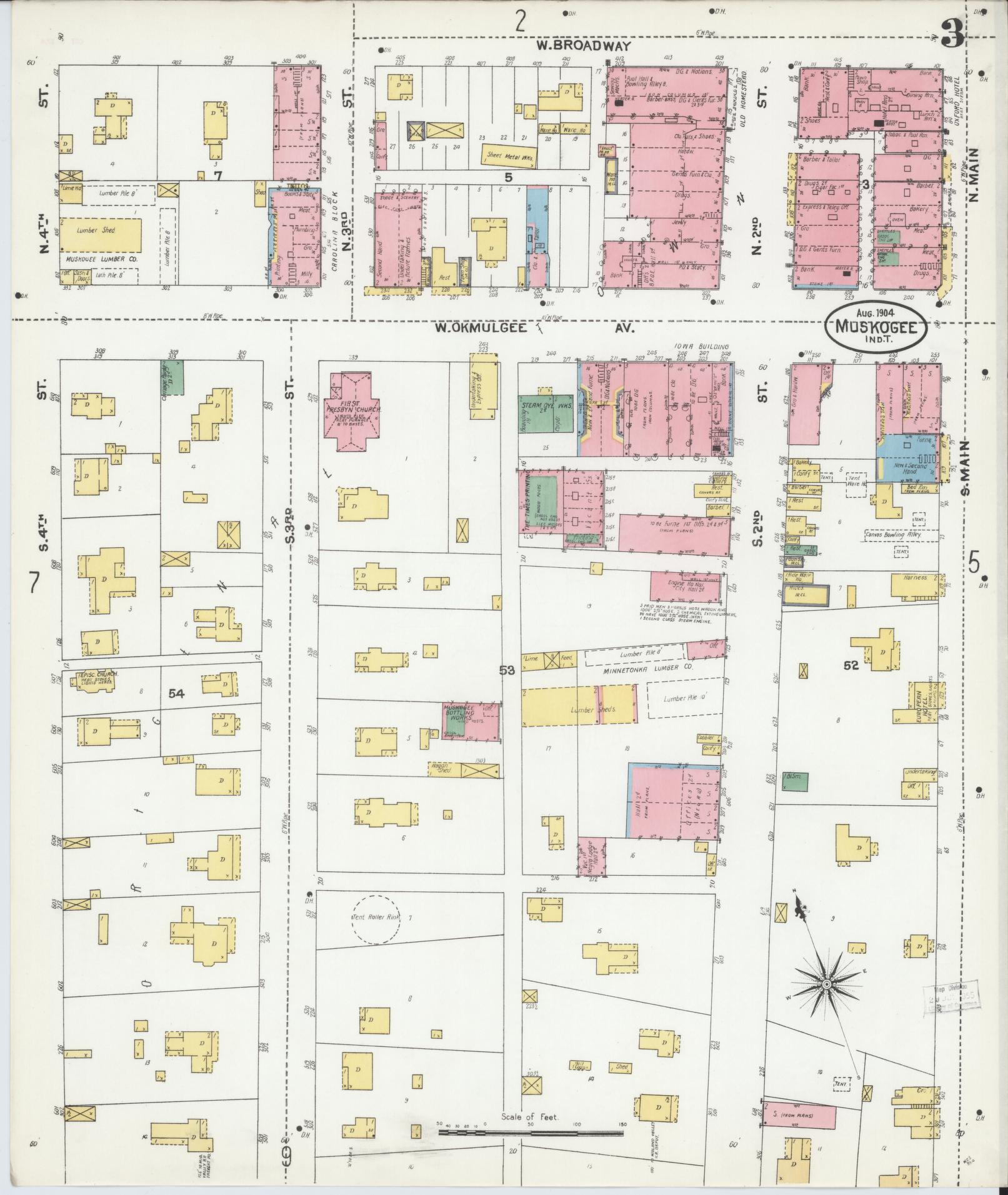 Sanborn Fire Insurance Map from Muskogee, Muskogee County, Oklahoma (1904), Sheet #0003 - Complete Map Set gallery image, historic Sanborn map, vintage wall art, Oklahoma Oklahoma