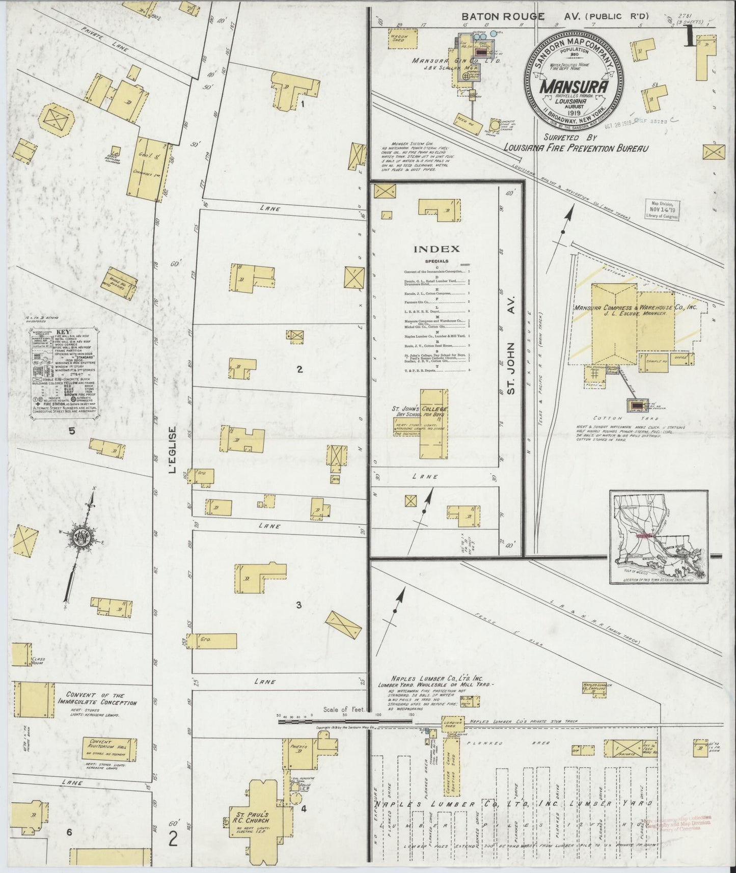Sanborn Fire Insurance Map from Mansura, Avoyelles Parish, Louisiana (1919), Sheet #0001 - Historic Sanborn Fire Insurance Map Print, vintage old map wall art, antique decor, genealogy gift, Louisiana Louisiana map