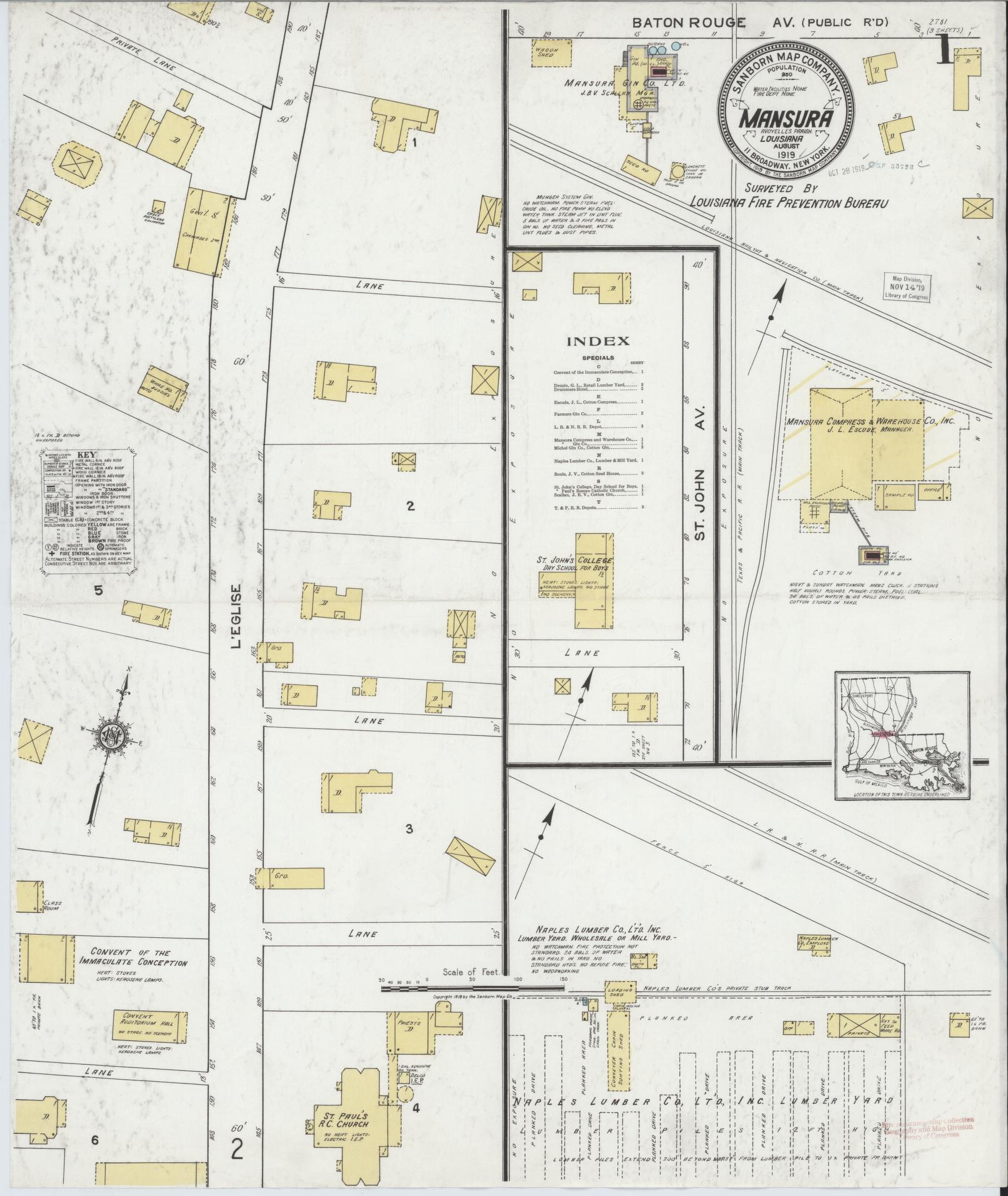 Sanborn Fire Insurance Map from Mansura, Avoyelles Parish, Louisiana (1919), Sheet #0001 - Historic Sanborn Fire Insurance Map Print, vintage old map wall art, antique decor, genealogy gift, Louisiana Louisiana map