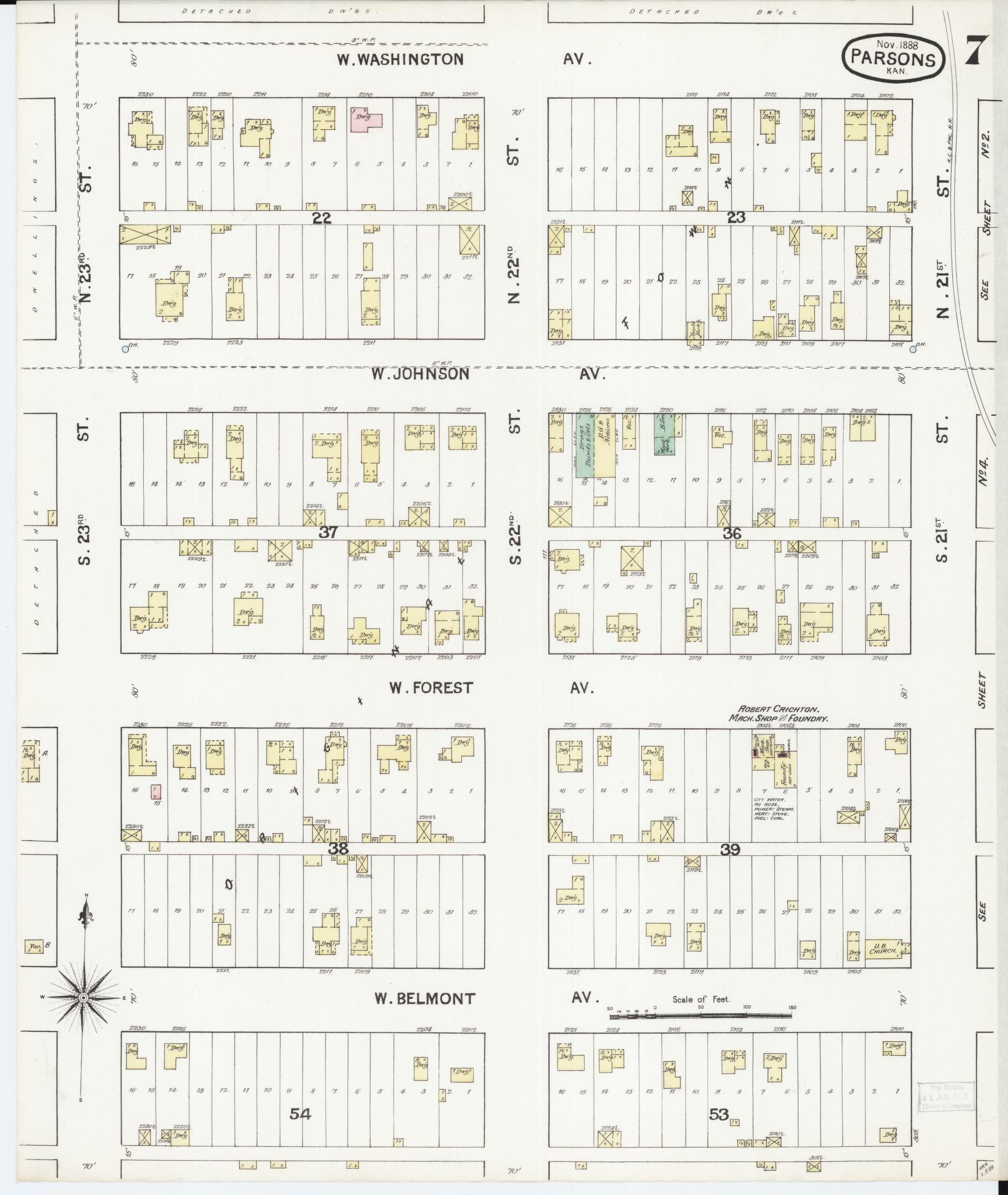 Sanborn Fire Insurance Map from Parsons, Labette County, Kansas (1888), Sheet #0007 - Historic Sanborn Fire Insurance Map Print, vintage old map wall art, antique decor, genealogy gift, Kansas Kansas map