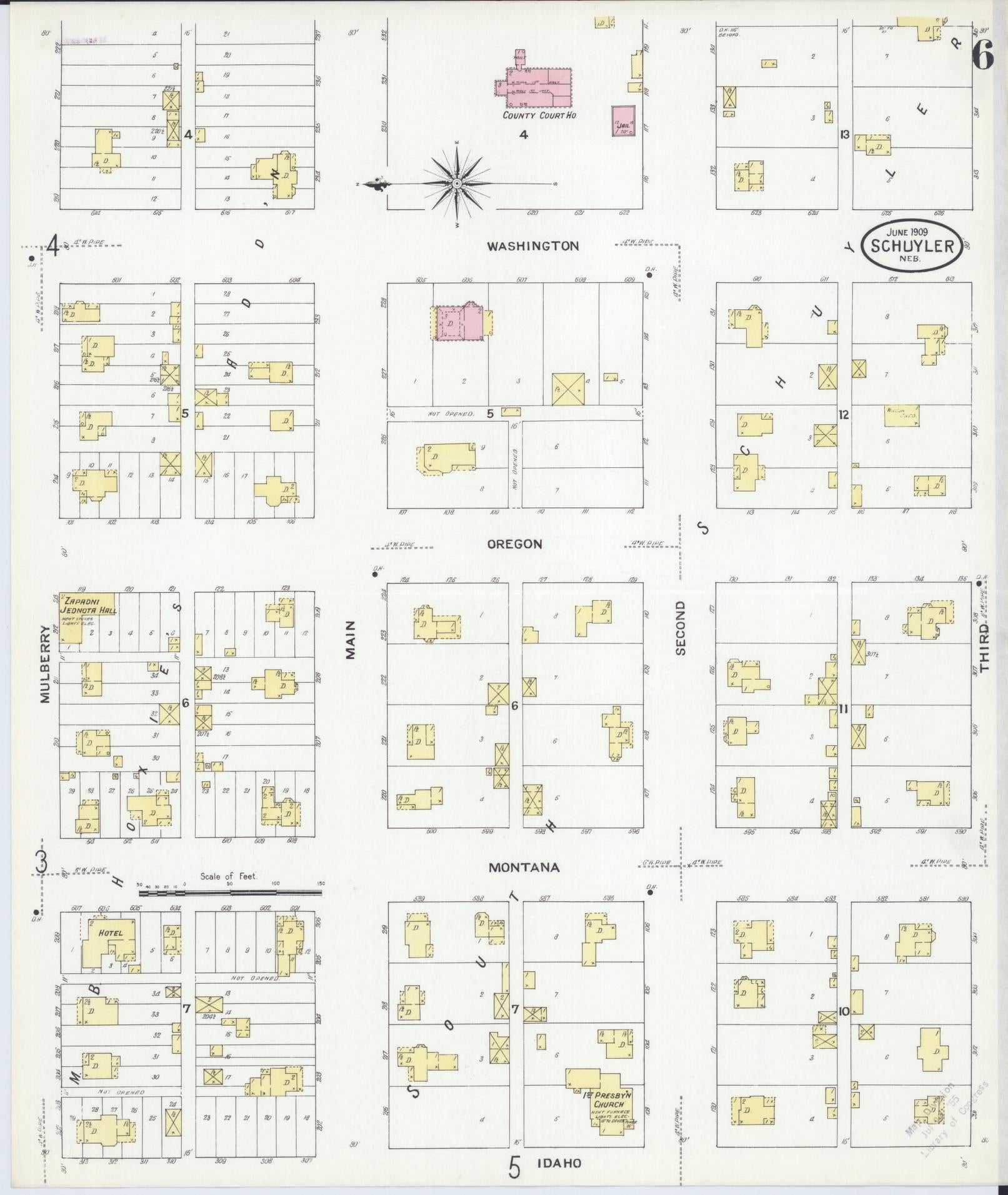 Sanborn Fire Insurance Map from Schuyler, Colfax County, Nebraska (1909), Sheet #0006 - Historic Sanborn Fire Insurance Map Print, vintage old map wall art, antique decor, genealogy gift, Nebraska Nebraska map