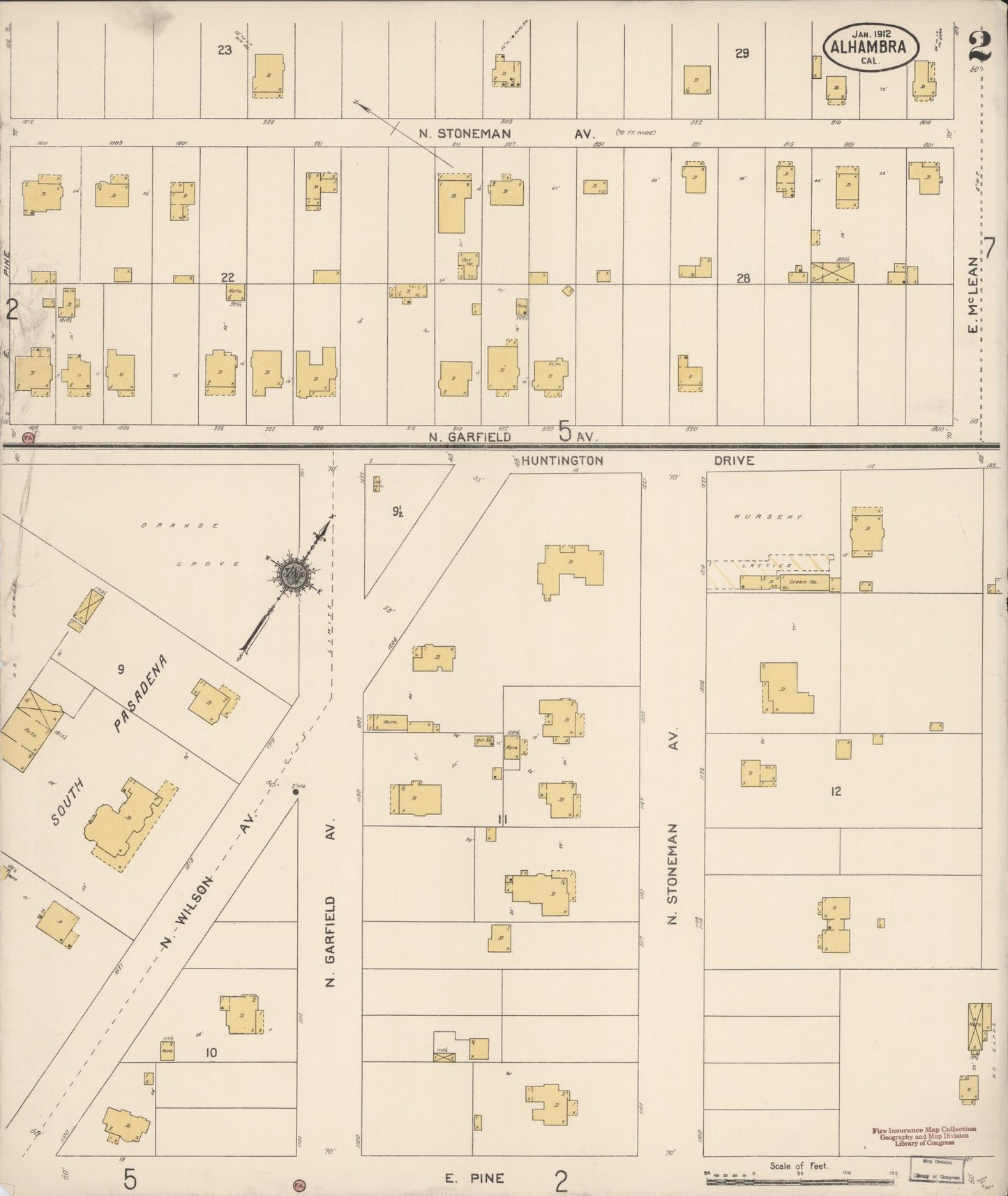 Sanborn Fire Insurance Map from Alhambra, Los Angeles County, California (1912), Sheet #0002 - Historic Sanborn Fire Insurance Map Print, vintage old map wall art, antique decor, genealogy gift, California California map