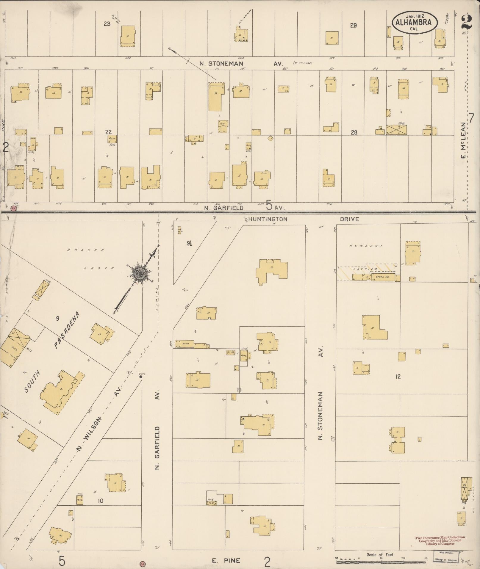 Sanborn Fire Insurance Map from Alhambra, Los Angeles County, California (1912), Sheet #0002 - Historic Sanborn Fire Insurance Map Print, vintage old map wall art, antique decor, genealogy gift, California California map