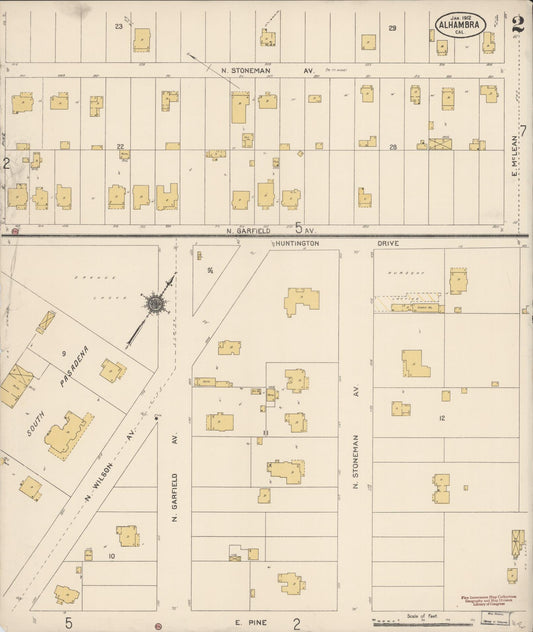 Sanborn Fire Insurance Map from Alhambra, Los Angeles County, California (1912), Sheet #0002 - Historic Sanborn Fire Insurance Map Print, vintage old map wall art, antique decor, genealogy gift, California California map