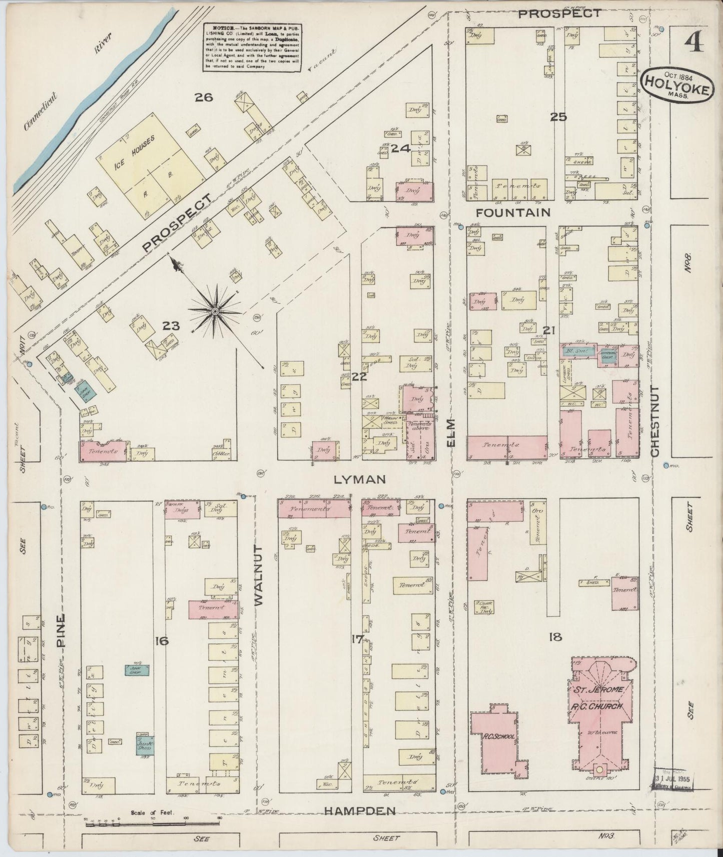 Sanborn Fire Insurance Map from Holyoke, Hampden County, Massachusetts (1884), Sheet #0004 - Historic Sanborn Fire Insurance Map Print, vintage old map wall art, antique decor, genealogy gift, Massachusetts Massachusetts map