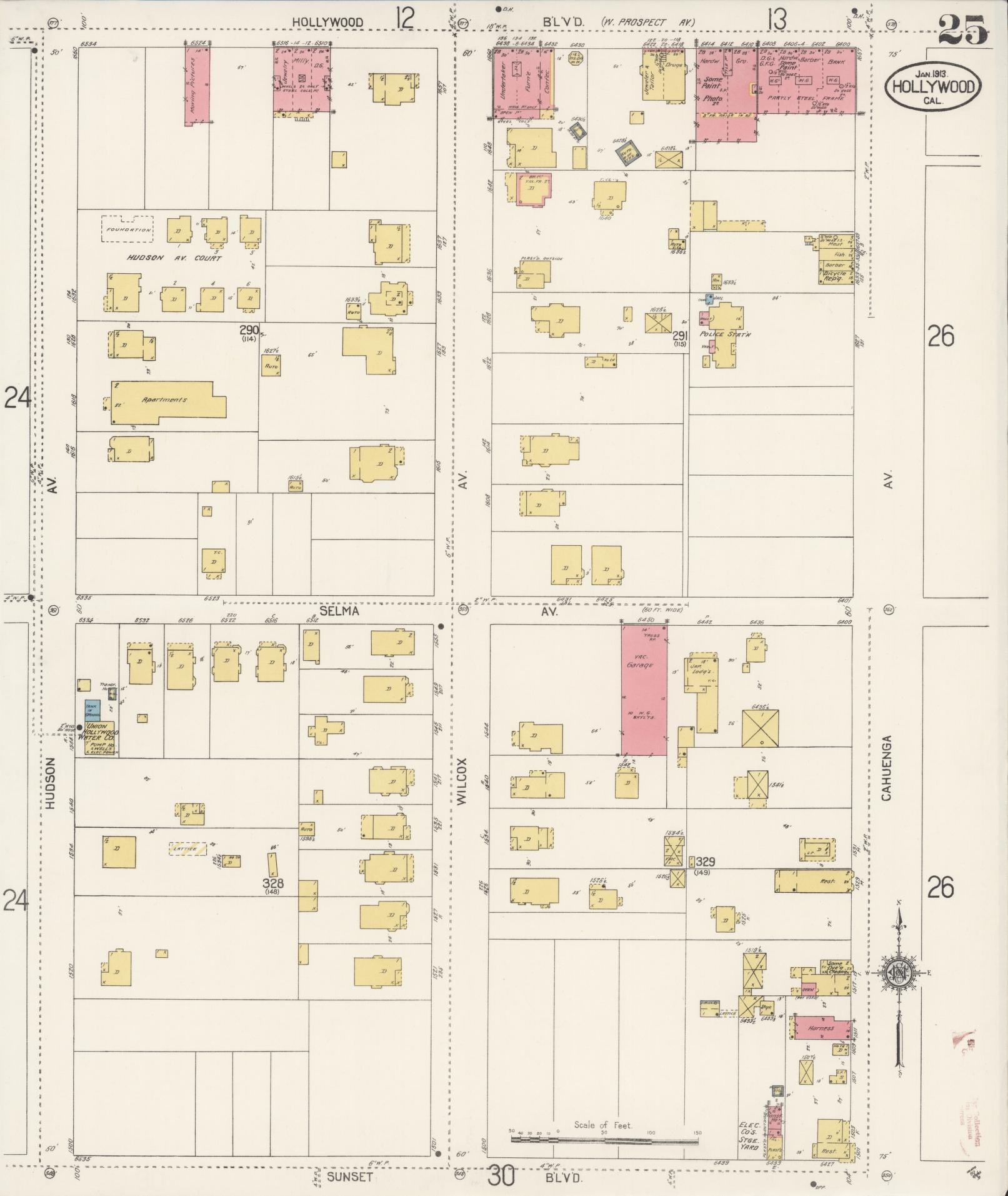 Sanborn Fire Insurance Map from Hollywood, Los Angeles County, California (1913), Sheet #0025 - Historic Sanborn Fire Insurance Map Print, vintage old map wall art, antique decor, genealogy gift, California California map