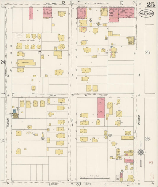 Sanborn Fire Insurance Map from Hollywood, Los Angeles County, California (1913), Sheet #0025 - Historic Sanborn Fire Insurance Map Print, vintage old map wall art, antique decor, genealogy gift, California California map