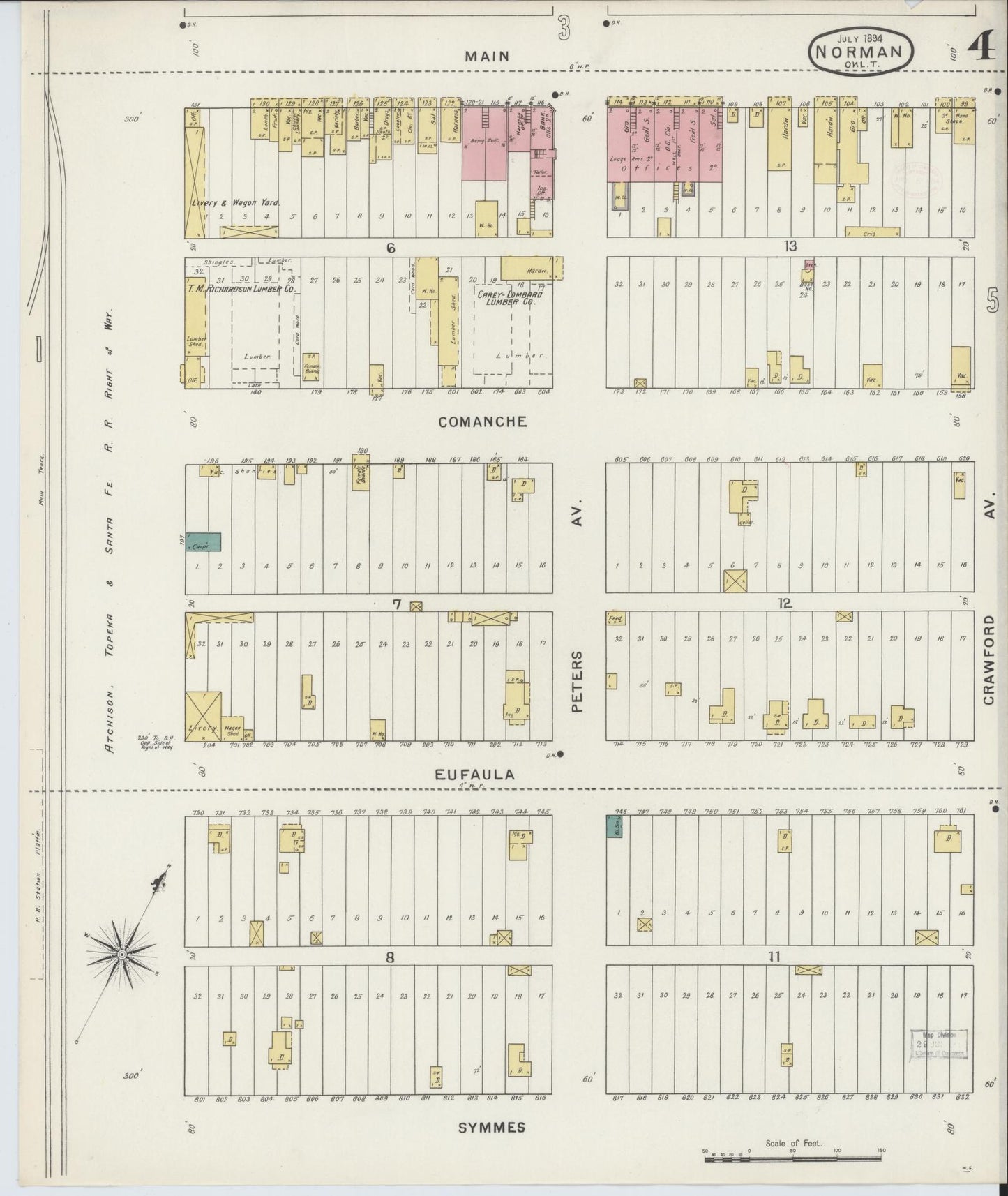 Sanborn Fire Insurance Map from Norman, Cleveland County, Oklahoma (1894), Sheet #0004 - Historic Sanborn Fire Insurance Map Print, vintage old map wall art, antique decor, genealogy gift, Oklahoma Oklahoma map