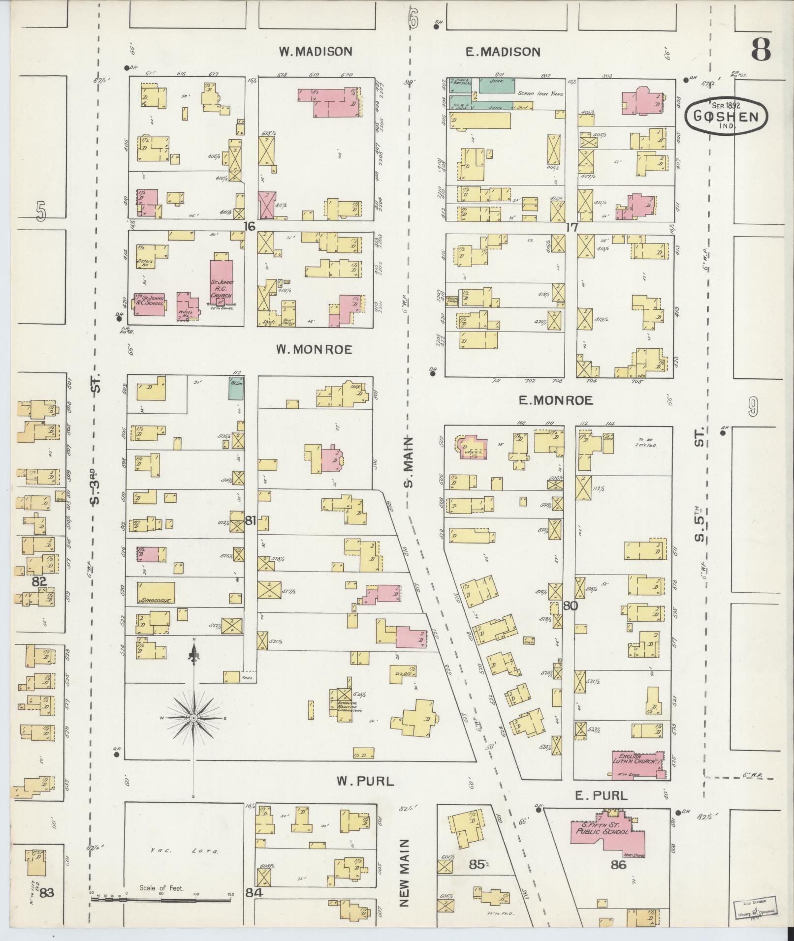 Sanborn Fire Insurance Map from Goshen, Elkhart County, Indiana (1892), Sheet #0008 - Complete Map Set gallery image, historic Sanborn map, vintage wall art, Indiana Indiana