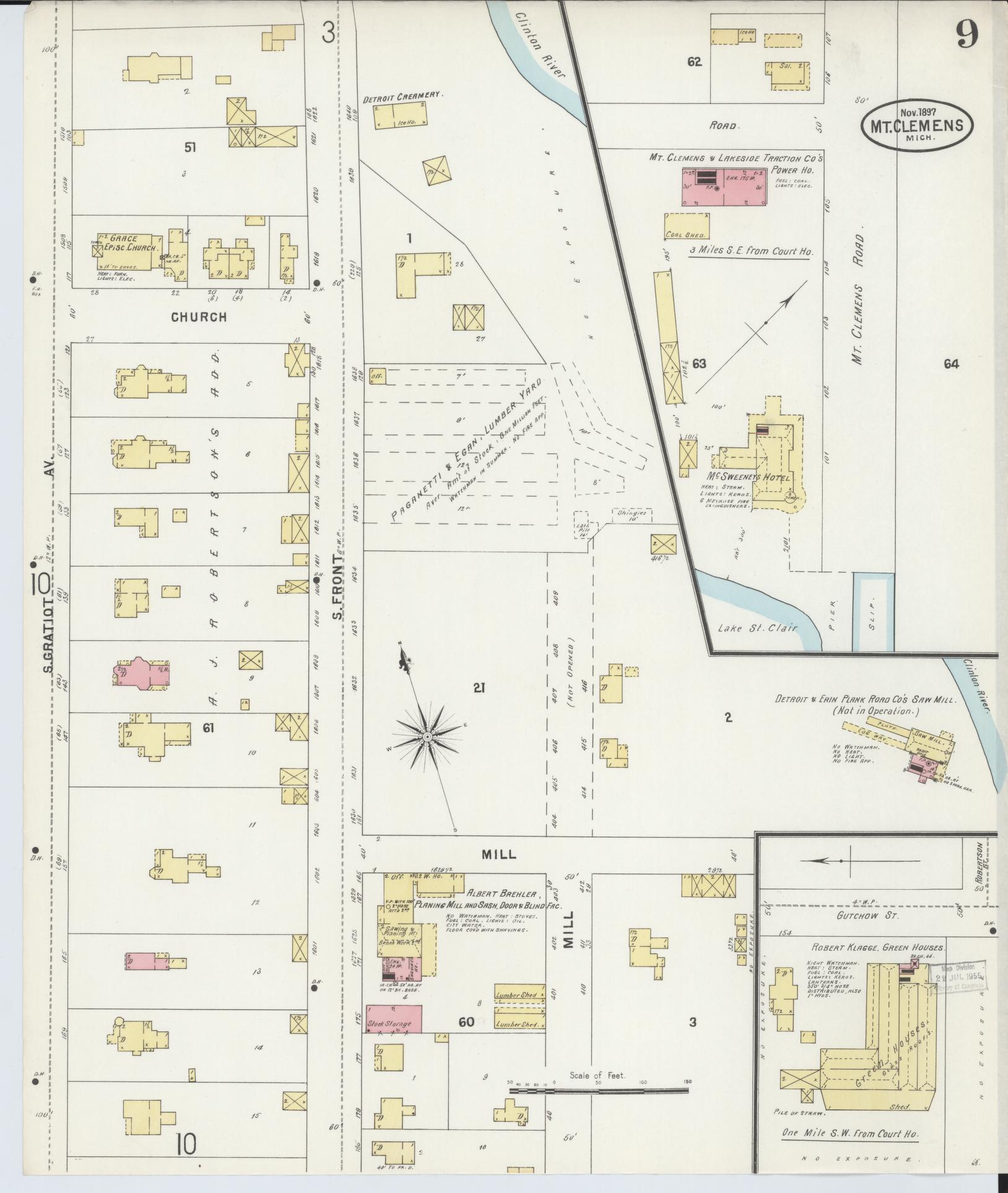 Sanborn Fire Insurance Map from Mount Clemens, Macomb County, Michigan (1897), Sheet #0009 - Historic Sanborn Fire Insurance Map Print, vintage old map wall art, antique decor, genealogy gift, Michigan Michigan map