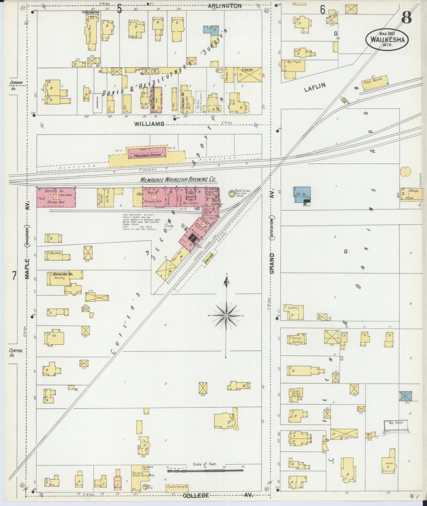 Sanborn Fire Insurance Map from Waukesha, Waukesha County, Wisconsin (1901), Sheet #0008 - Complete Map Set gallery image, historic Sanborn map, vintage wall art, Wisconsin Wisconsin