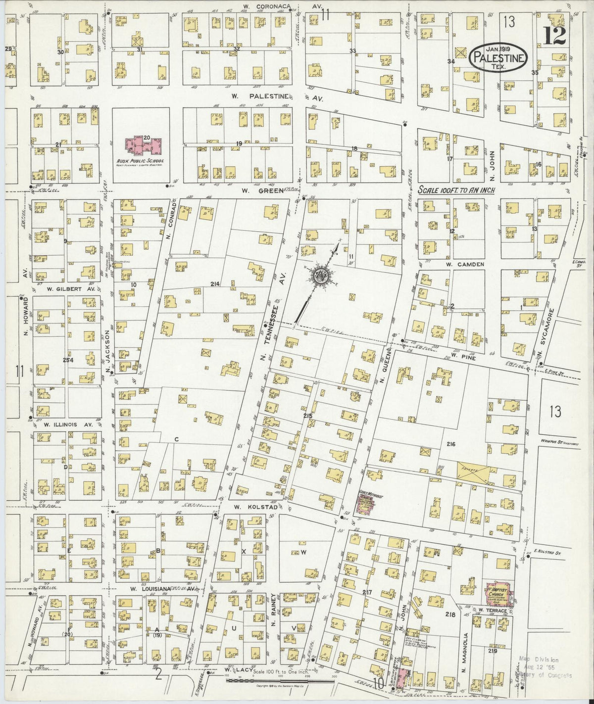 Sanborn Fire Insurance Map from Palestine, Anderson County, Texas (1919), Sheet #0012 - Complete Map Set gallery image, historic Sanborn map, vintage wall art, Texas Texas