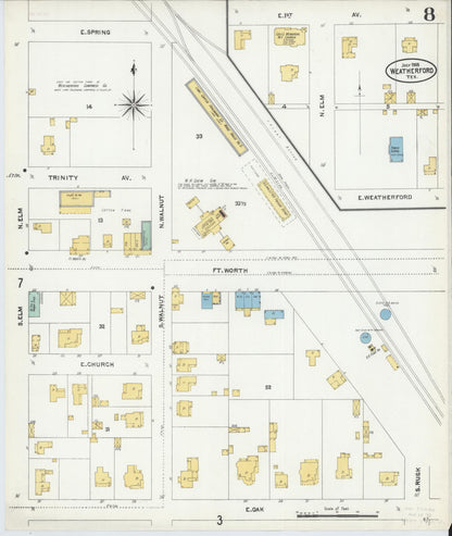 Sanborn Fire Insurance Map from Weatherford, Parker County, Texas (1905), Sheet #0008 - Complete Map Set gallery image, historic Sanborn map, vintage wall art, Texas Texas