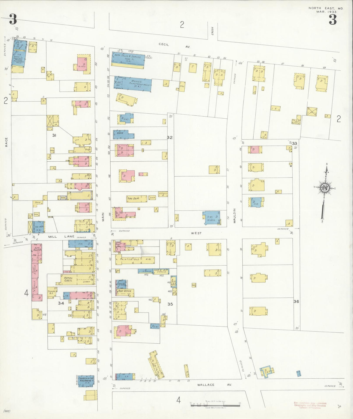 Sanborn Fire Insurance Map from North East, Cecil County, Maryland (1933), Sheet #0003 - Historic Sanborn Fire Insurance Map Print, vintage old map wall art, antique decor, genealogy gift, Maryland Maryland map
