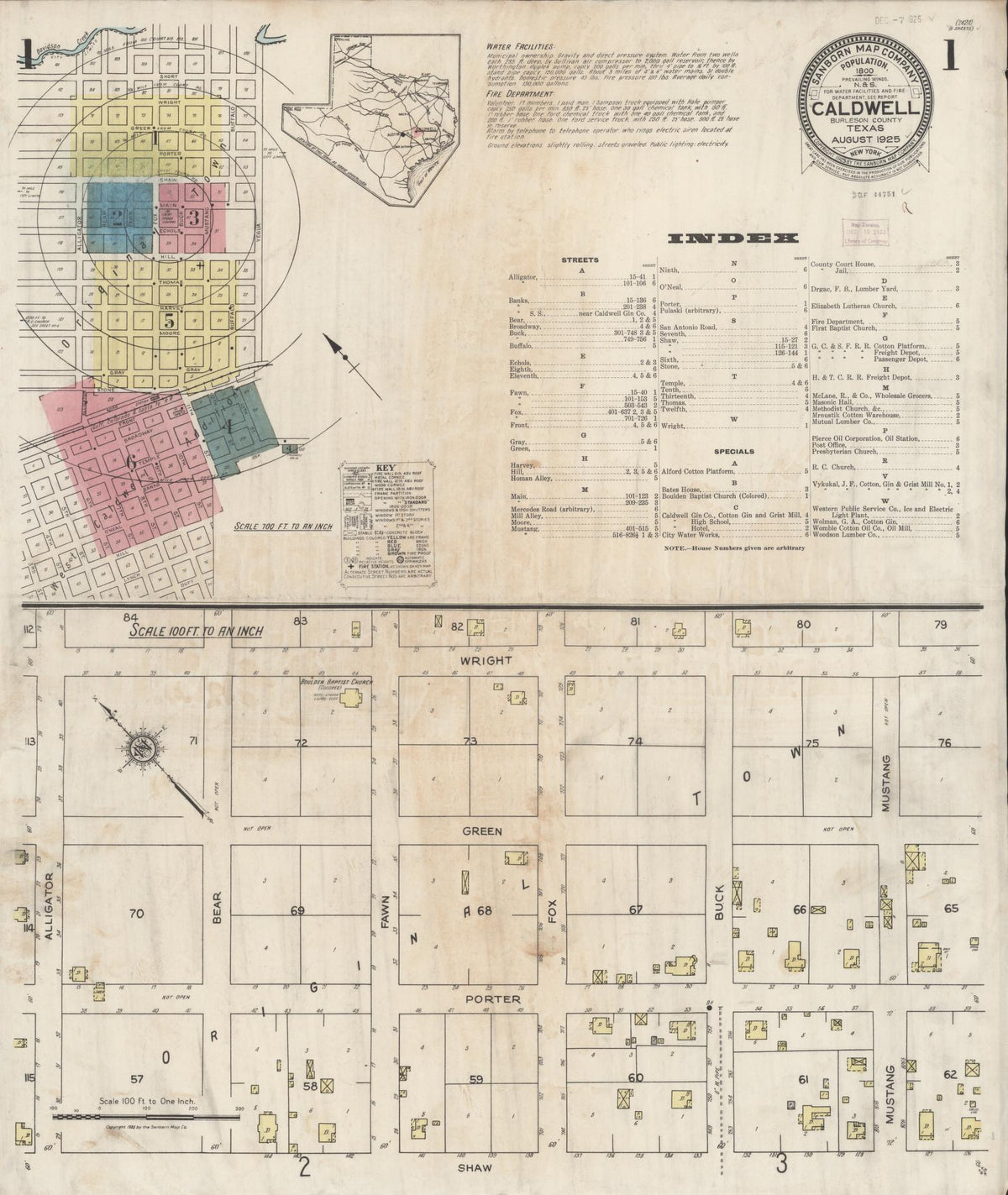 Sanborn Fire Insurance Map from Caldwell, Burleson County, Texas (1925), Sheet #0001 - Complete Map Set gallery image, historic Sanborn map, vintage wall art, Texas Texas