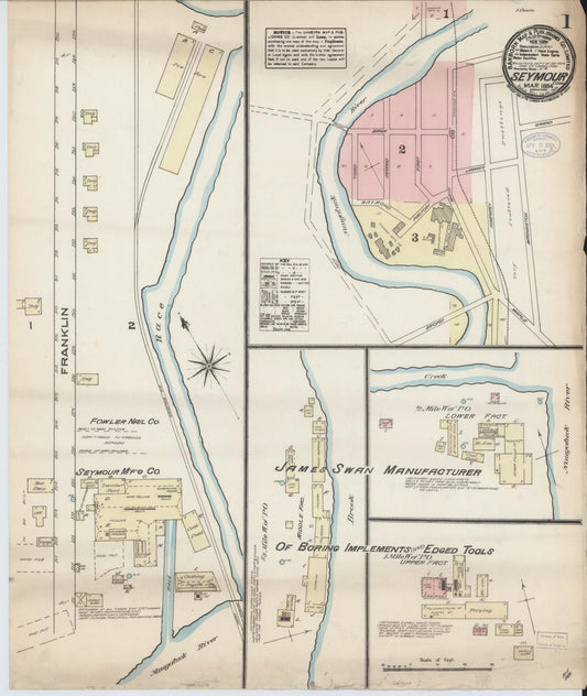 Sanborn Fire Insurance Map from Seymour, New Haven County, Connecticut (1884), Sheet #0001 - Complete Map Set gallery image, historic Sanborn map, vintage wall art, Connecticut Connecticut