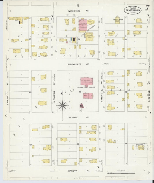 Sanborn Fire Insurance Map from Jamestown, Stutsman County, North Dakota (1907), Sheet #0007 - Historic Sanborn Fire Insurance Map Print, vintage old map wall art, antique decor, genealogy gift, North Dakota North Dakota map