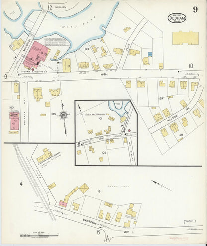 Sanborn Fire Insurance Map from Dedham, Norfolk County, Massachusetts (1917), Sheet #0009 - Historic Sanborn Fire Insurance Map Print, vintage old map wall art, antique decor, genealogy gift, Massachusetts Massachusetts map