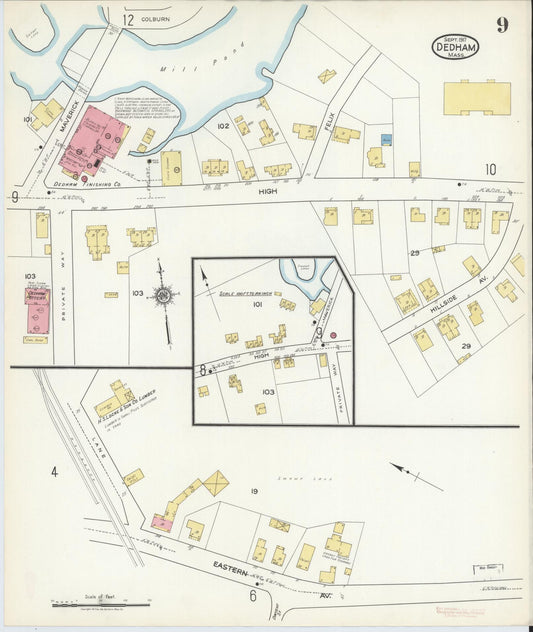 Sanborn Fire Insurance Map from Dedham, Norfolk County, Massachusetts (1917), Sheet #0009 - Historic Sanborn Fire Insurance Map Print, vintage old map wall art, antique decor, genealogy gift, Massachusetts Massachusetts map