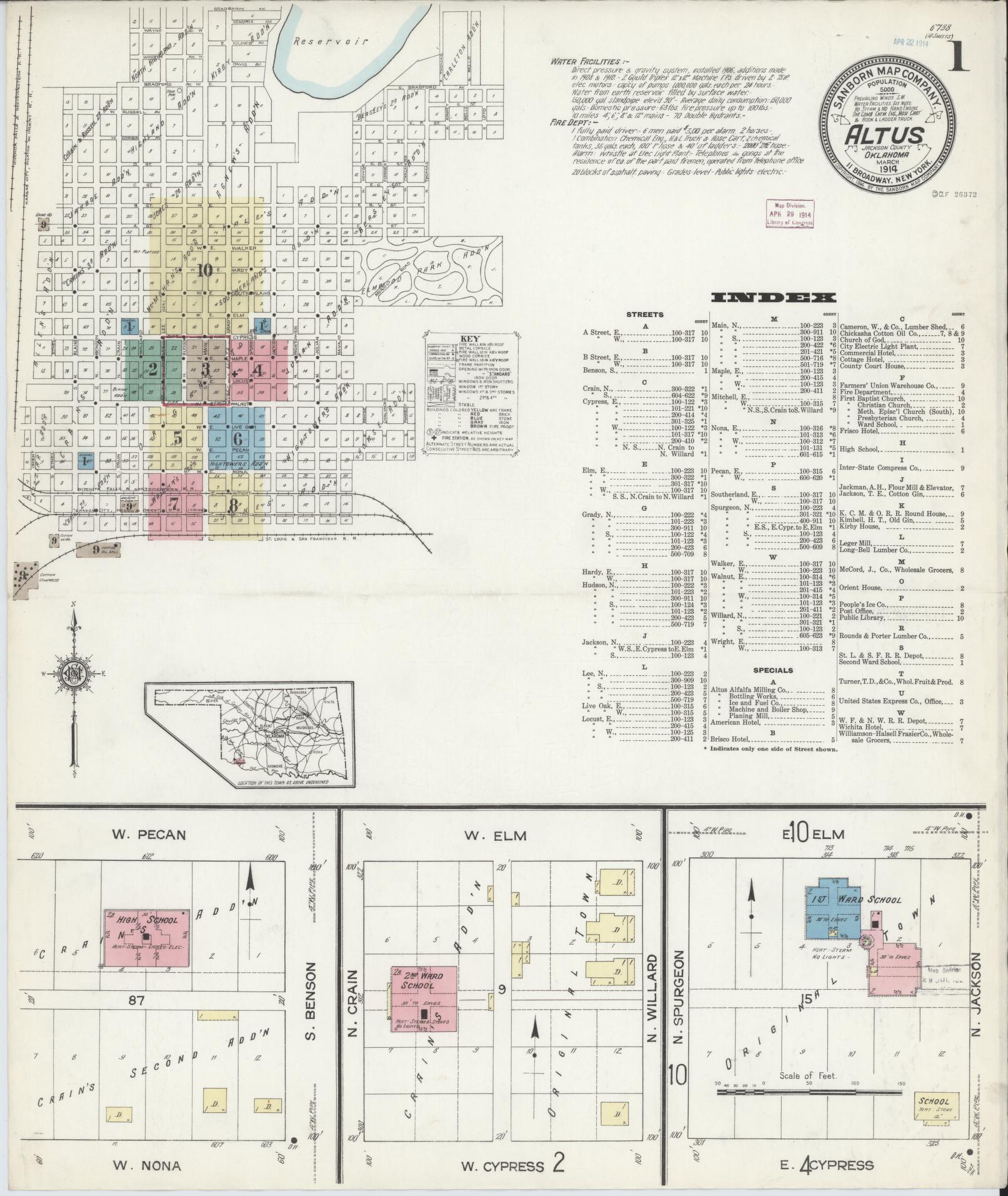 Sanborn Fire Insurance Map from Altus, Jackson County, Oklahoma (1914), Sheet #0001 - Historic Sanborn Fire Insurance Map Print, vintage old map wall art, antique decor, genealogy gift, Oklahoma Oklahoma map