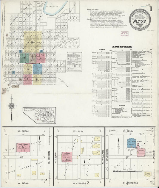 Sanborn Fire Insurance Map from Altus, Jackson County, Oklahoma (1914), Sheet #0001 - Historic Sanborn Fire Insurance Map Print, vintage old map wall art, antique decor, genealogy gift, Oklahoma Oklahoma map