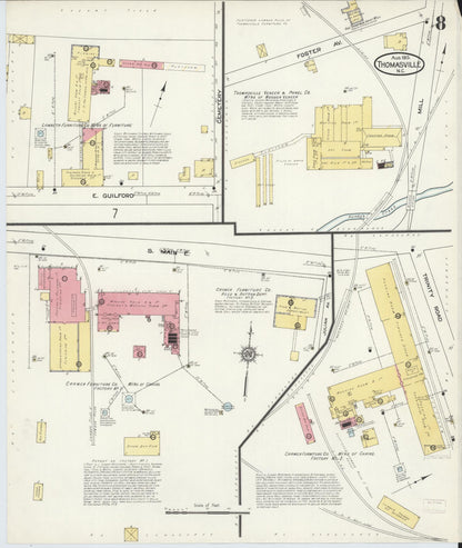 Sanborn Fire Insurance Map from Thomasville, Davidson County, North Carolina (1913), Sheet #0008 - Historic Sanborn Fire Insurance Map Print, vintage old map wall art, antique decor, genealogy gift, North Carolina North Carolina map