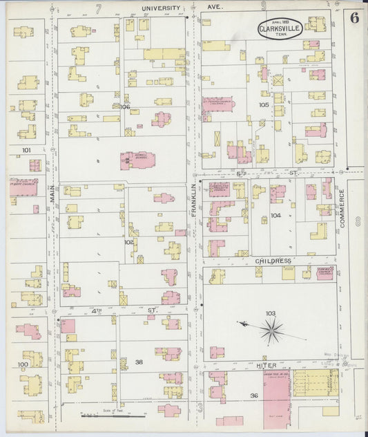 Sanborn Fire Insurance Map from Clarksville, Montgomery County, Tennessee (1893), Sheet #0006 - Historic Sanborn Fire Insurance Map Print, vintage old map wall art, antique decor, genealogy gift, Tennessee Tennessee map