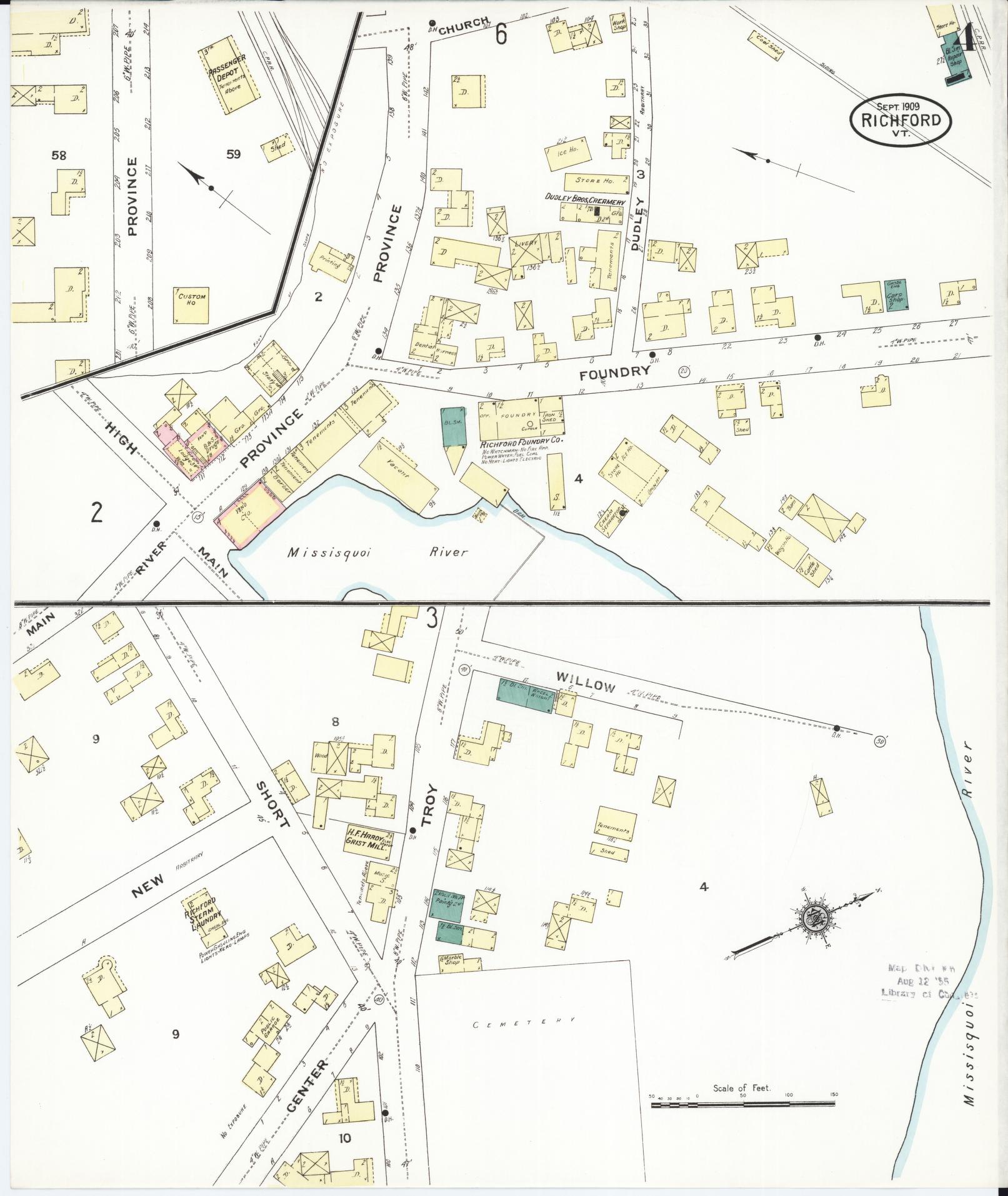 Sanborn Fire Insurance Map from Richford, Franklin County, Vermont (1909), Sheet #0004 - Complete Map Set gallery image, historic Sanborn map, vintage wall art, Vermont Vermont