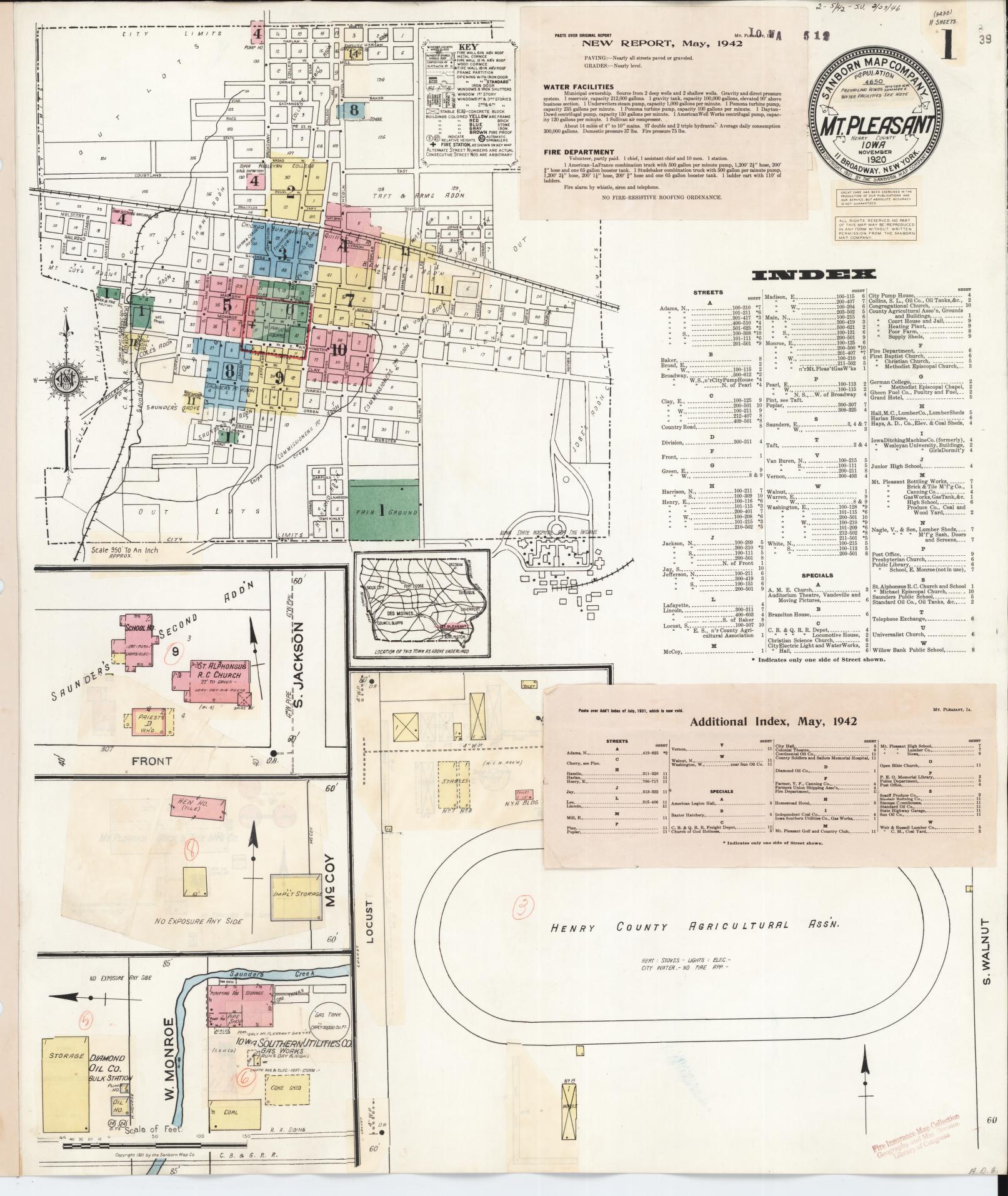 Sanborn Fire Insurance Map from Mount Pleasant, Henry County, Iowa (1942), Sheet #0001 - Historic Sanborn Fire Insurance Map Print, vintage old map wall art