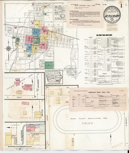 Sanborn Fire Insurance Map from Mount Pleasant, Henry County, Iowa (1942), Sheet #0001 - Historic Sanborn Fire Insurance Map Print, vintage old map wall art