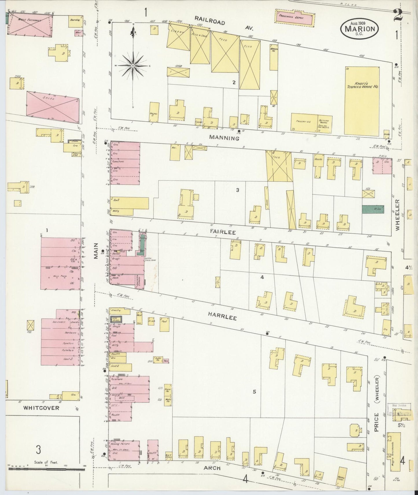 Sanborn Fire Insurance Map from Marion, Marion County, South Carolina (1909), Sheet #0002 - Complete Map Set gallery image, historic Sanborn map, vintage wall art, South Carolina South Carolina