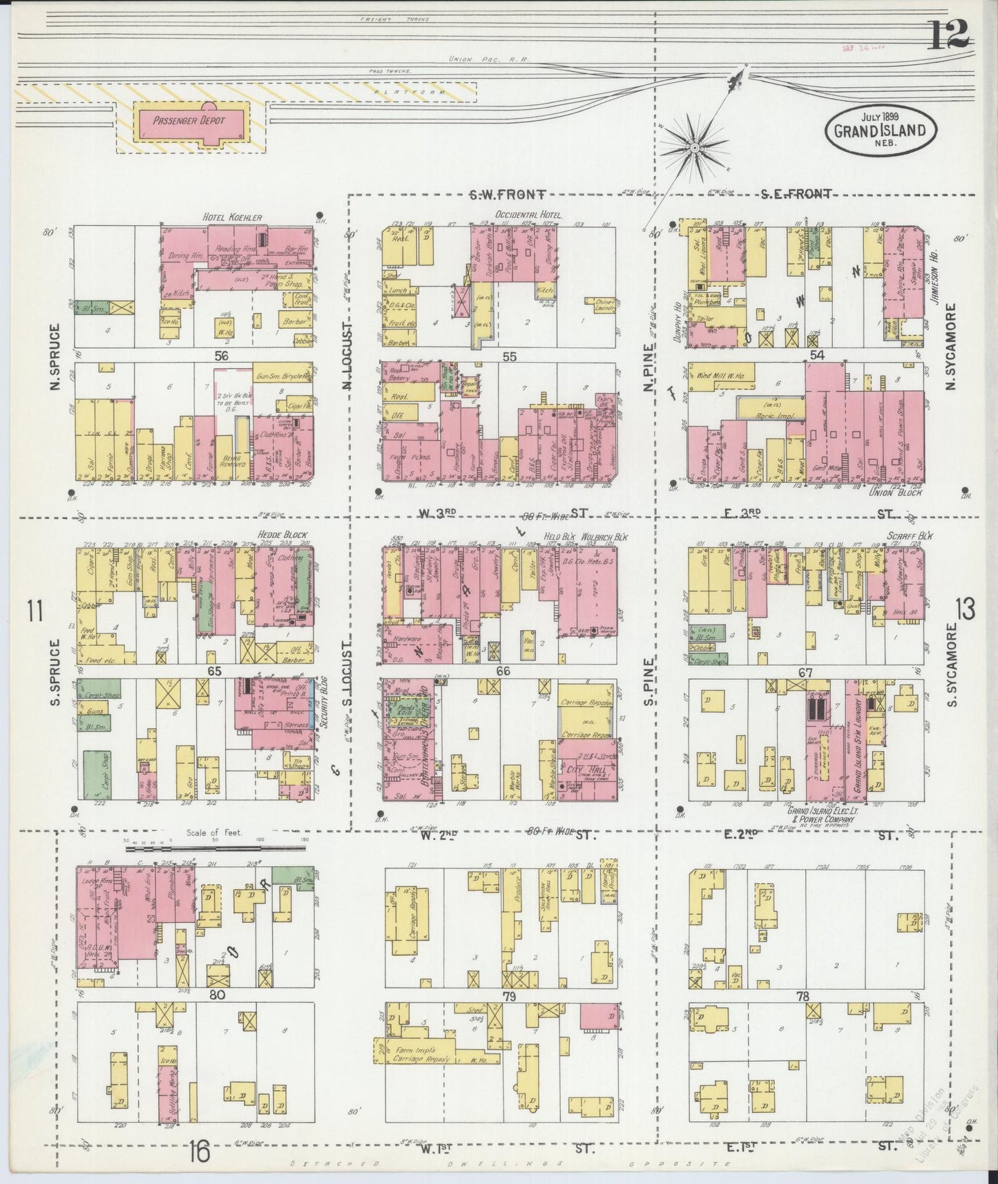 Sanborn Fire Insurance Map from Grand Island, Hall County, Nebraska (1899), Sheet #0012 - Historic Sanborn Fire Insurance Map Print, vintage old map wall art, antique decor, genealogy gift, Nebraska Nebraska map