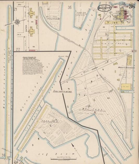 Sanborn Fire Insurance Map from Marinette, Marinette County, Wisconsin (1921), Sheet #0036 - Historic Sanborn Fire Insurance Map Print, vintage old map wall art, antique decor, genealogy gift, Wisconsin Wisconsin map