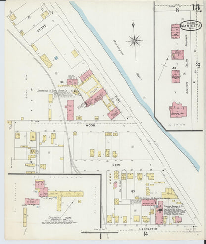 Sanborn Fire Insurance Map from Marietta, Washington County, Ohio (1896), Sheet #0013 - Historic Sanborn Fire Insurance Map Print, vintage old map wall art, antique decor, genealogy gift, Ohio Ohio map