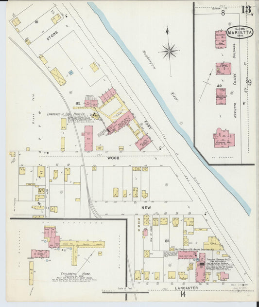 Sanborn Fire Insurance Map from Marietta, Washington County, Ohio (1896), Sheet #0013 - Historic Sanborn Fire Insurance Map Print, vintage old map wall art, antique decor, genealogy gift, Ohio Ohio map