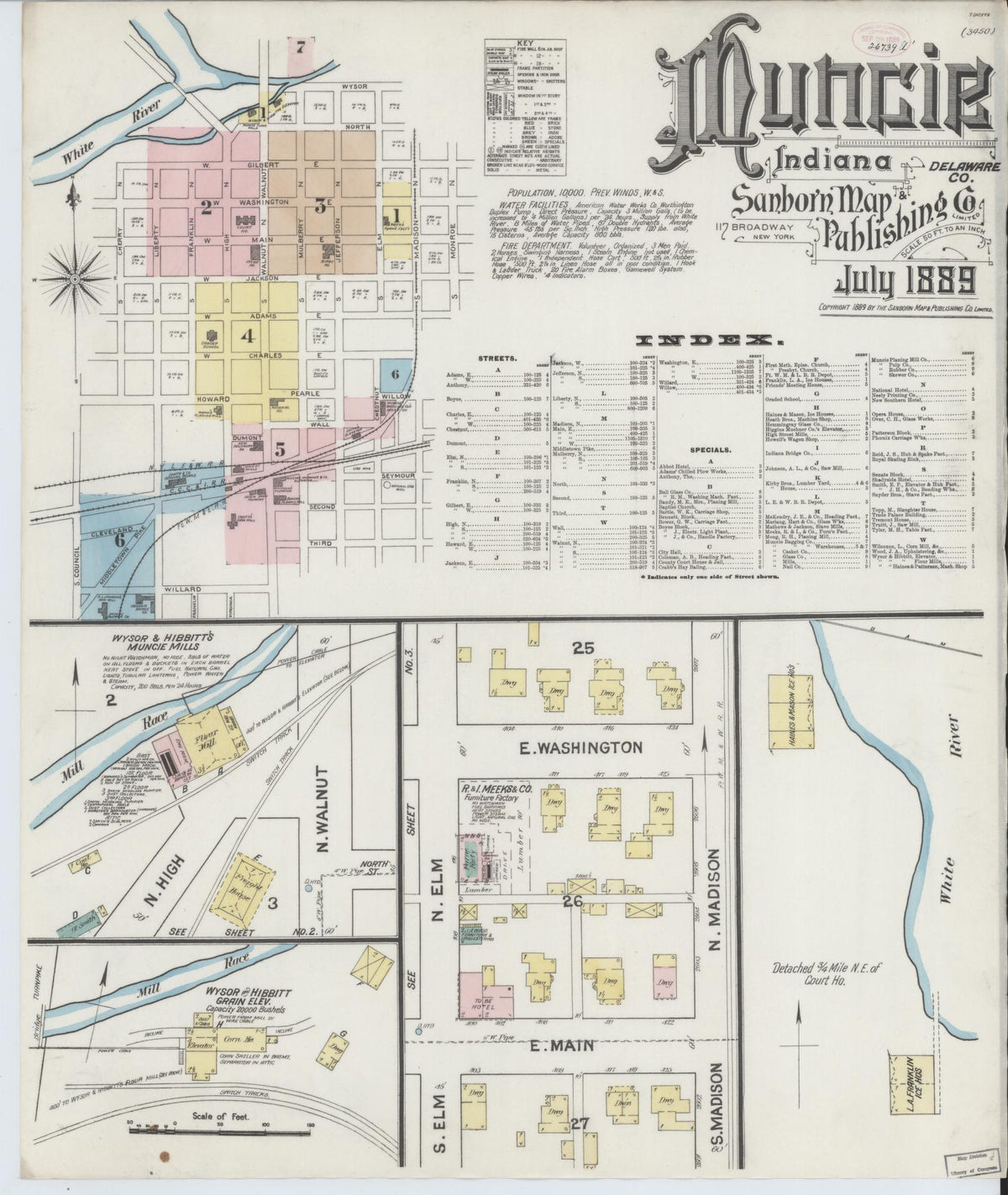 Sanborn Fire Insurance Map from Muncie, Delaware County, Indiana (1889), Sheet #0001 - Historic Sanborn Fire Insurance Map Print, vintage old map wall art, antique decor, genealogy gift, Muncie Delaware map