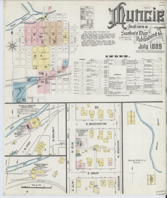 Sanborn Fire Insurance Map from Muncie, Delaware County, Indiana (1889), Sheet #0001 - Historic Sanborn Fire Insurance Map Print, vintage old map wall art, antique decor, genealogy gift, Muncie Delaware map