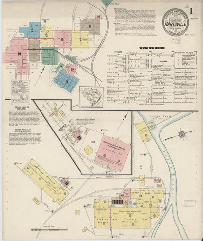 Sanborn Fire Insurance Map from Hartsville, Darlington County, South Carolina (1915), Sheet #0001 - Complete Map Set gallery image, historic Sanborn map, vintage wall art, South Carolina South Carolina