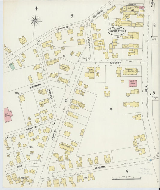 Sanborn Fire Insurance Map from Rochester, Strafford County, New Hampshire (1897), Sheet #0007 - Historic Sanborn Fire Insurance Map Print, vintage old map wall art, antique decor, genealogy gift, New Hampshire New Hampshire map