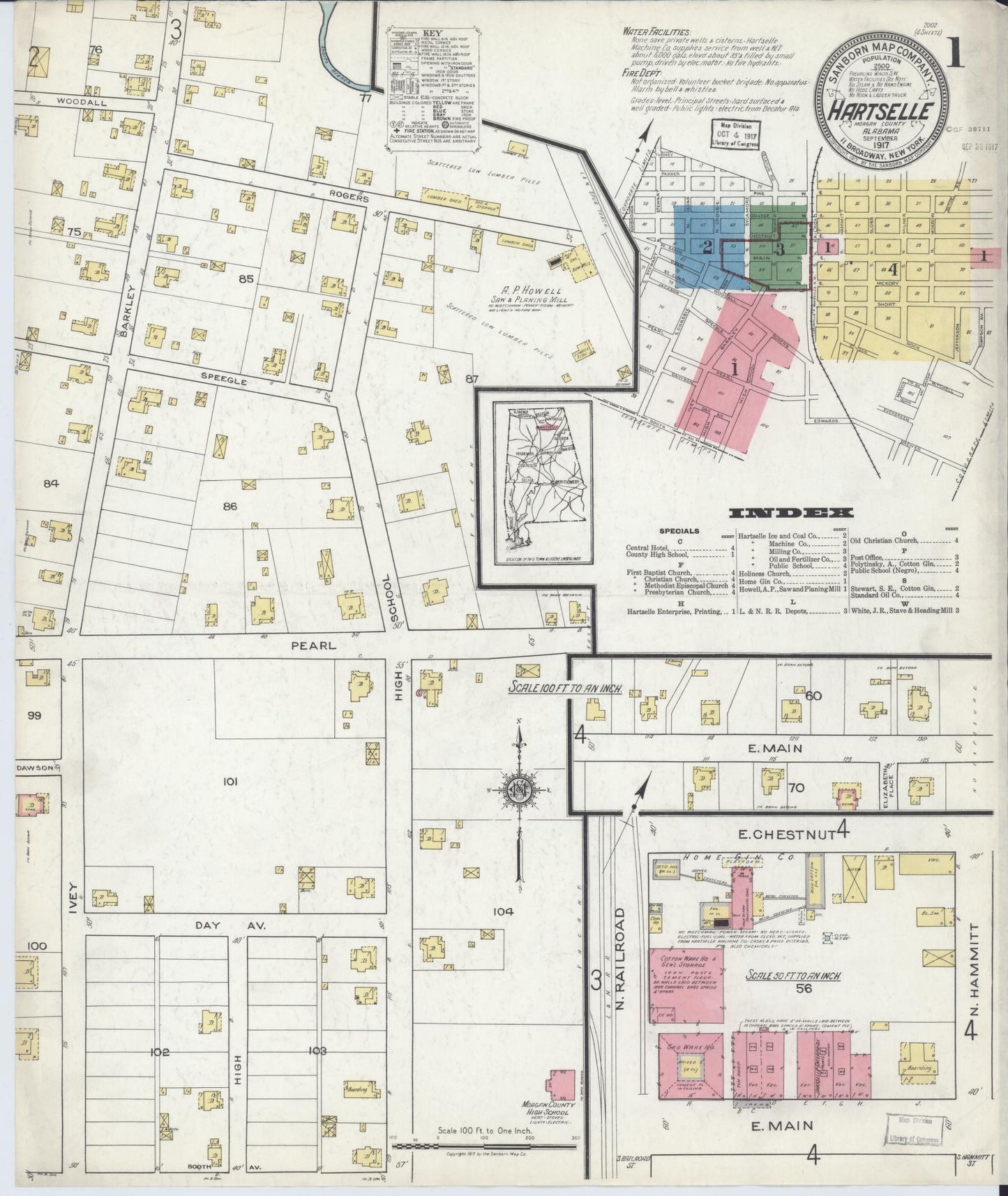 Sanborn Fire Insurance Map from Hartselle, Morgan County, Alabama (1917), Sheet #0001 - Complete Map Set gallery image, historic Sanborn map, vintage wall art, Alabama Alabama